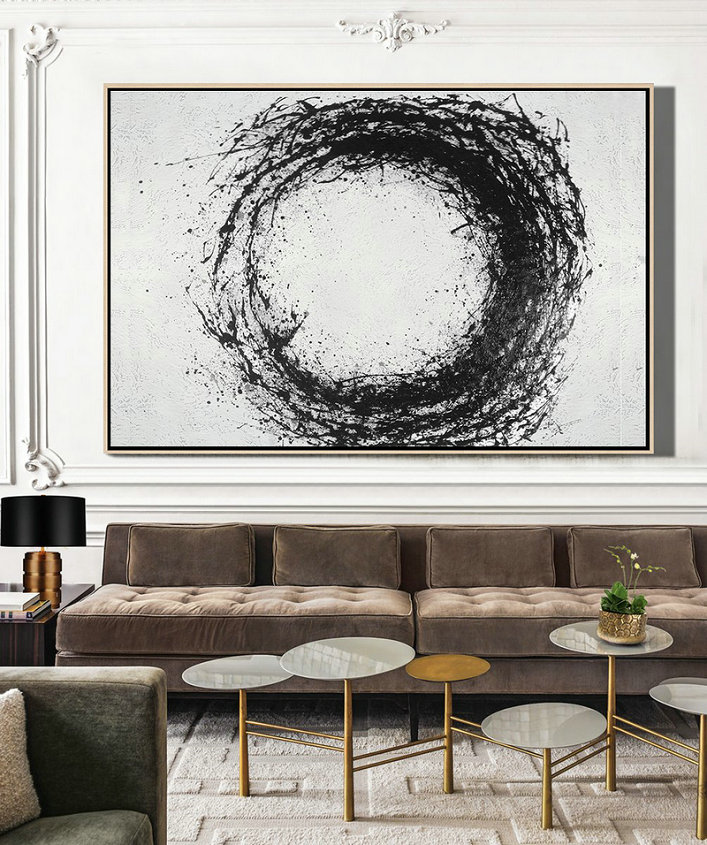 Artwork For Sale,Oversized Horizontal Minimalist Drip Painting On Canvas, Black And White - Textured Painting Canvas Art